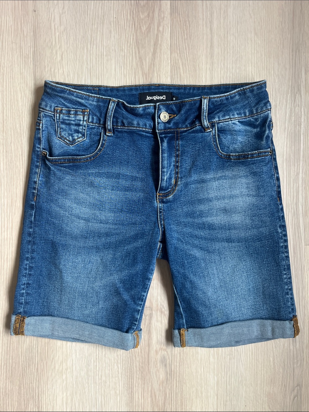 Desigual Blue Rolled-Cuff Denim Bermuda Shorts Size 26
